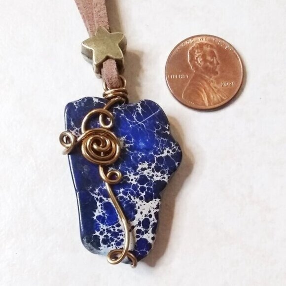 Wire Wrapped Dark Blue Sea Sediment Jasper Pendant! Faux Suede Cord + Star ~ 19" - Picture 2 of 10